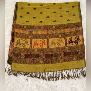 Elephant Pattern Woven Shawl / Pashmina Wrap – Boho Tribal Style – Fringe Edges